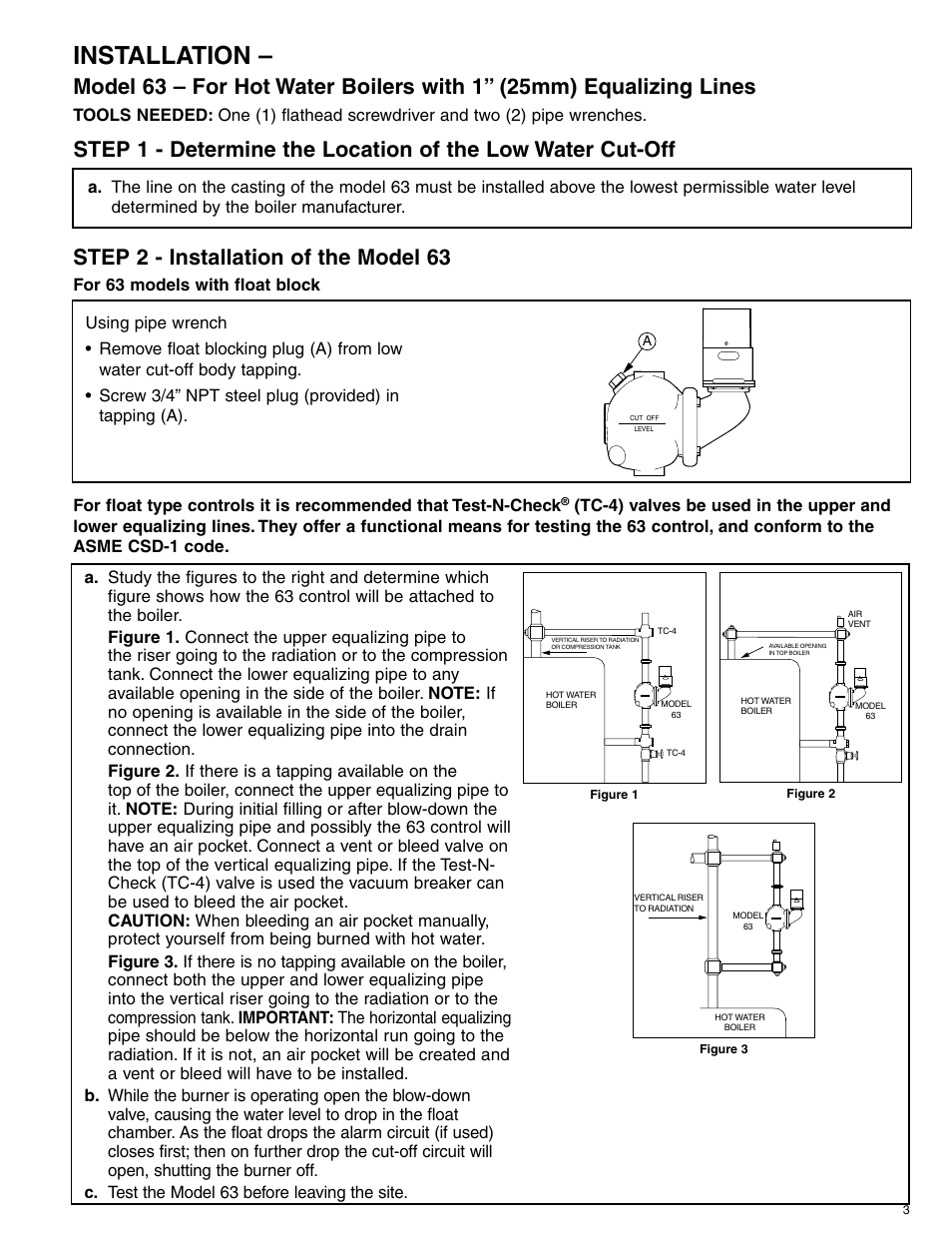 Installation, For 63 models with float block | Xylem MM 206F Series 63 Low Water Cut-Off User Manual | Page 3 / 8