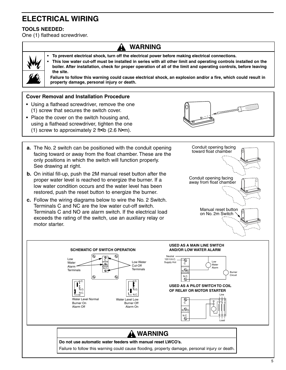 Electrical wiring, Warning, Tools needed: one (1) flathead screwdriver | Xylem MM 206F Series 63 Low Water Cut-Off User Manual | Page 5 / 8