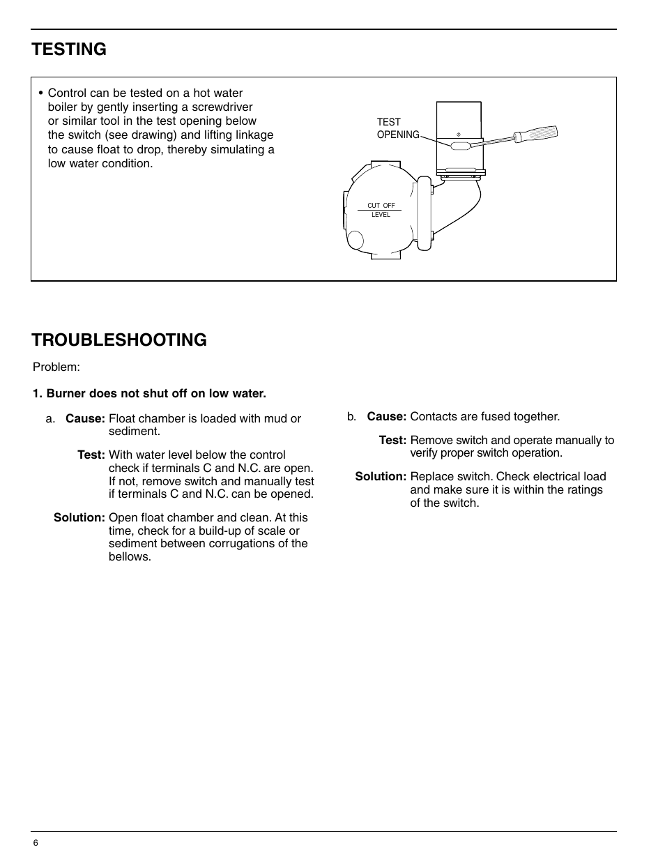 Troubleshooting testing | Xylem MM 206F Series 63 Low Water Cut-Off User Manual | Page 6 / 8