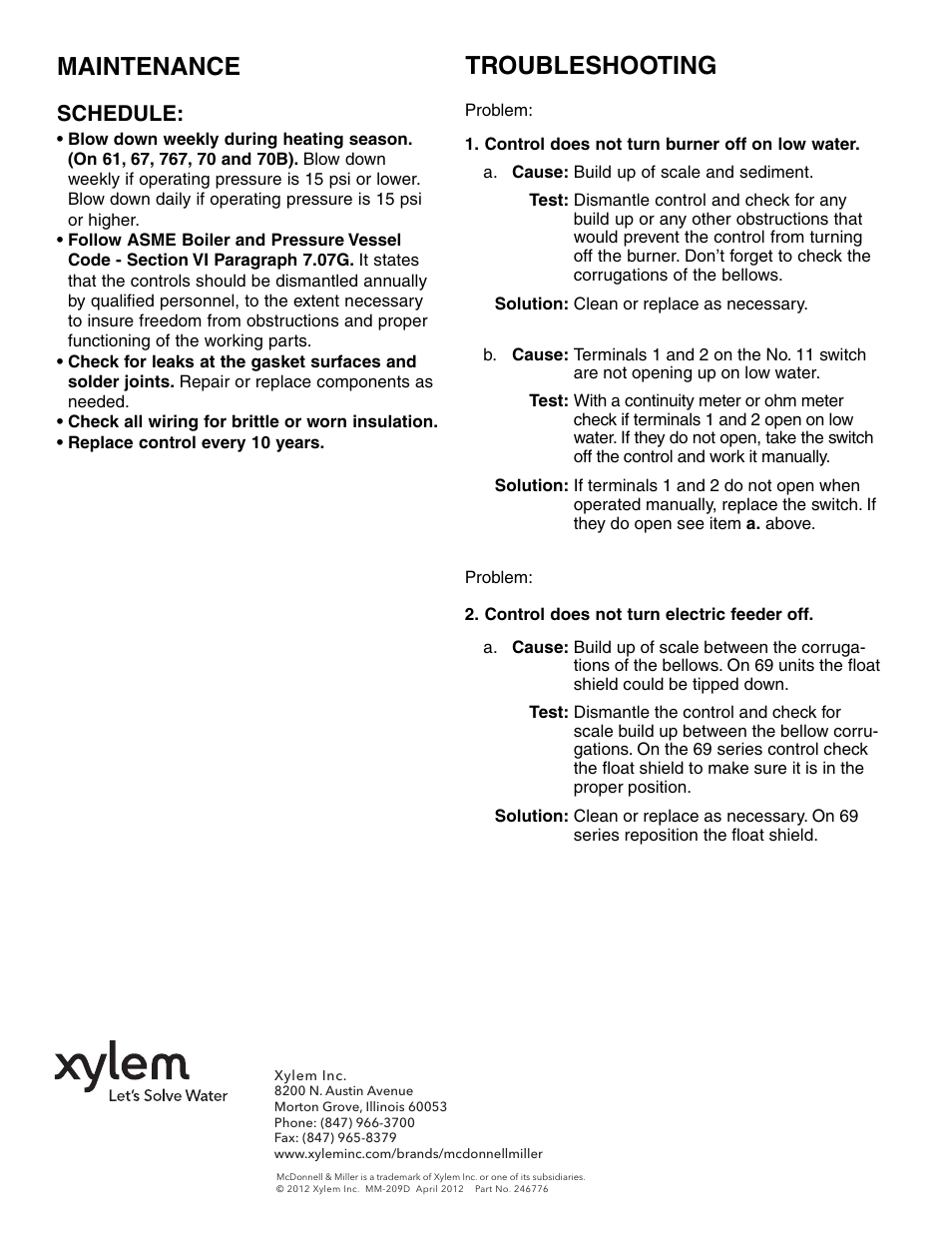 Maintenance, Troubleshooting, Schedule | Xylem MM 209D Series 6667 Replacement Mechanism User Manual | Page 4 / 4