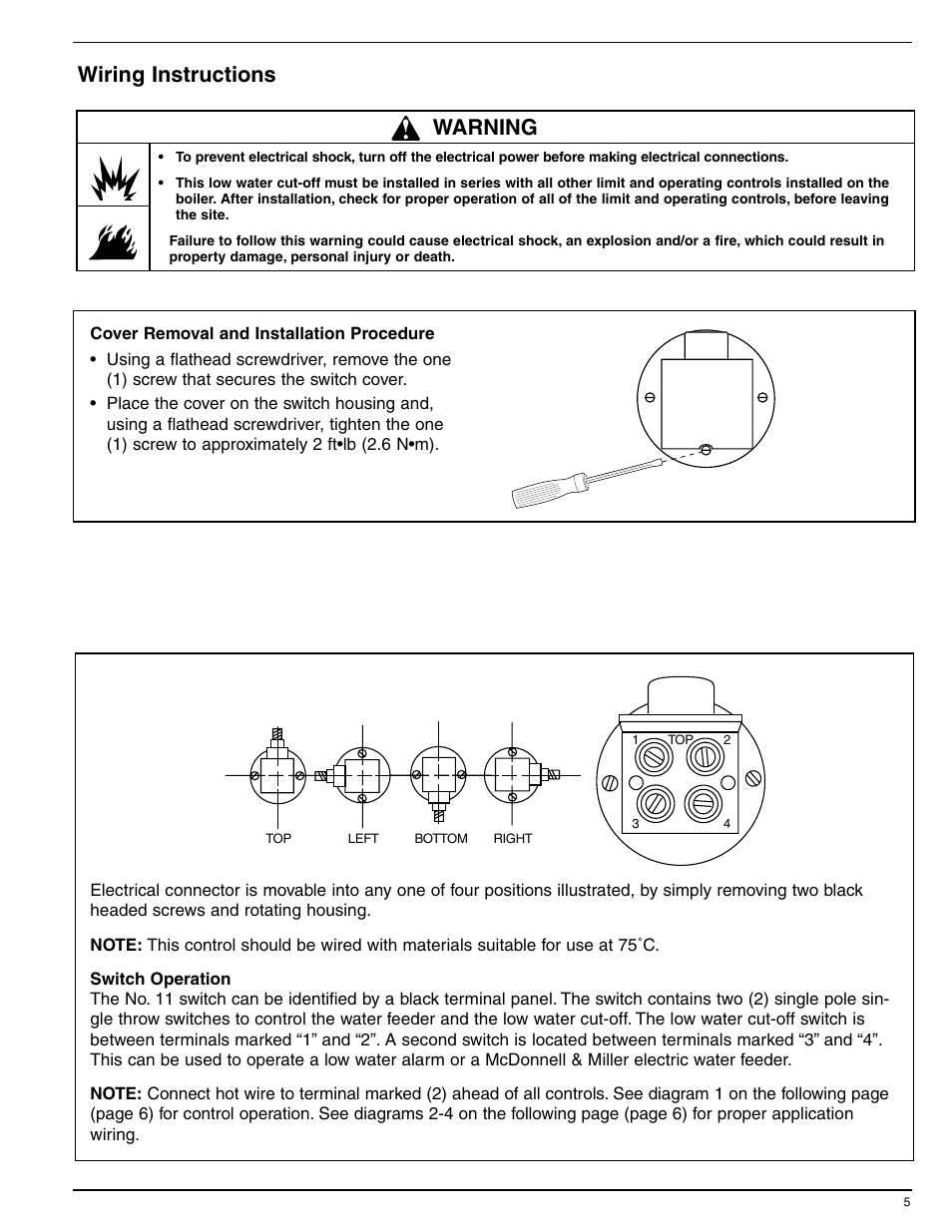 Wiring instructions, Warning | Xylem MM 214E Series 61 Low Water Cut-Off User Manual | Page 5 / 8