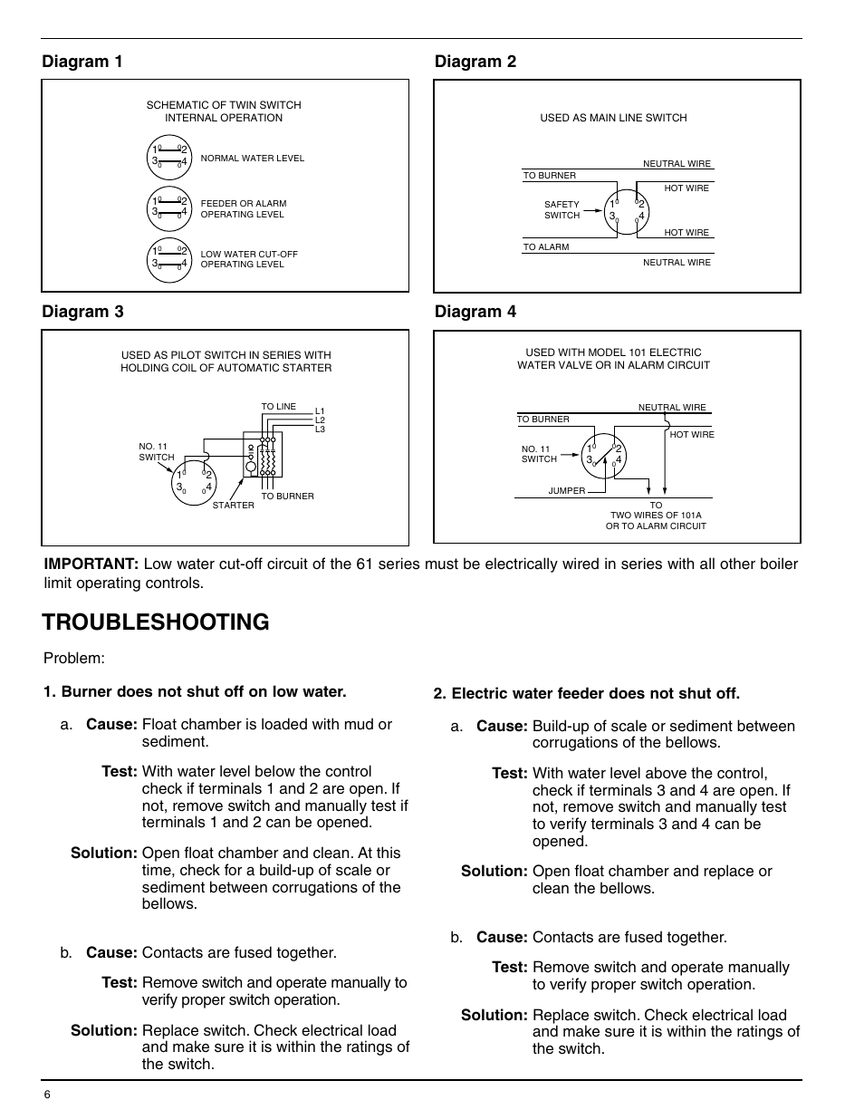 Troubleshooting, Diagram 1 diagram 2, Diagram 3 diagram 4 | Xylem MM 214E Series 61 Low Water Cut-Off User Manual | Page 6 / 8