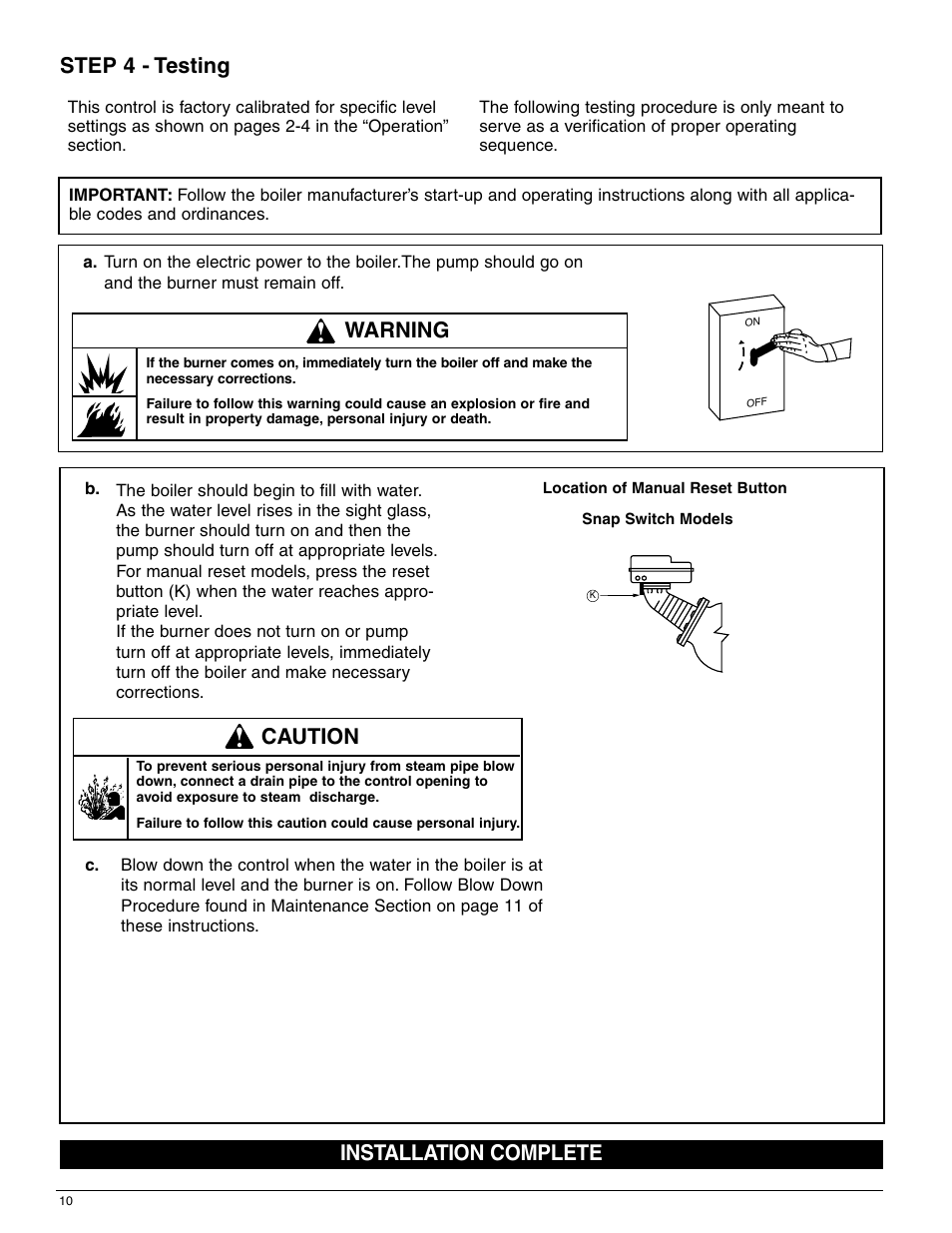 Caution installation complete, Step 4 - testing, Warning | Xylem MM 219J Replacement Head Mechanism User Manual | Page 10 / 12