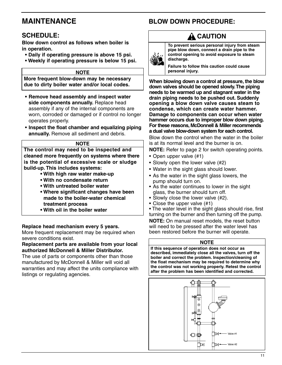 Maintenance, Schedule, Blow down procedure | Caution | Xylem MM 219J Replacement Head Mechanism User Manual | Page 11 / 12