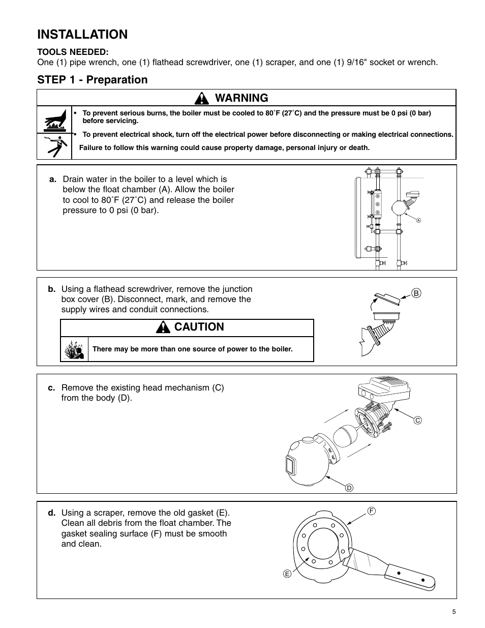 Installation, Warning, Step 1 - preparation | Caution | Xylem MM 219J Replacement Head Mechanism User Manual | Page 5 / 12