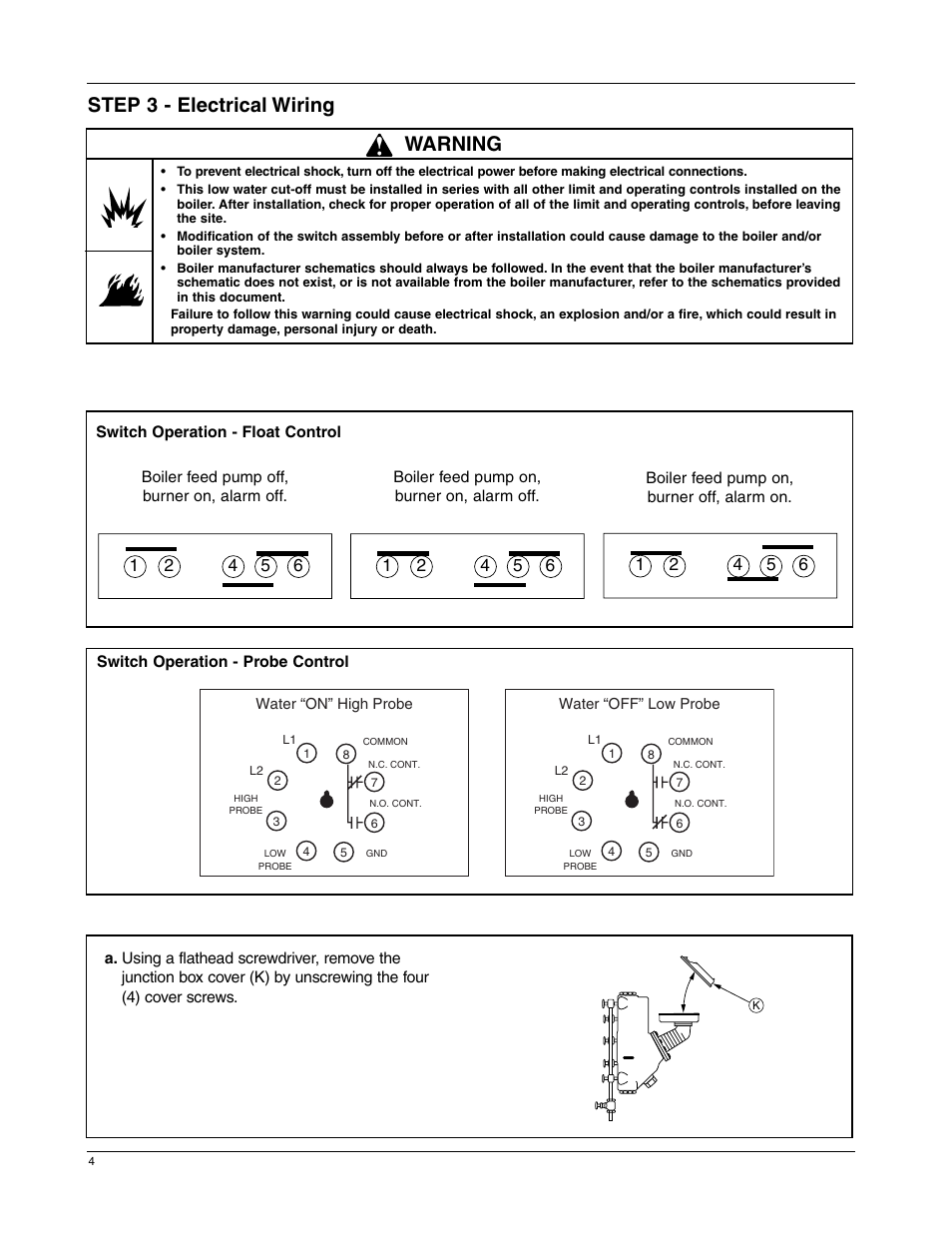 Step 3 - electrical wiring, Warning | Xylem MM 221G Models 157S RBP MD Low Water Cut-Offs/Pump Controllers User Manual | Page 4 / 8