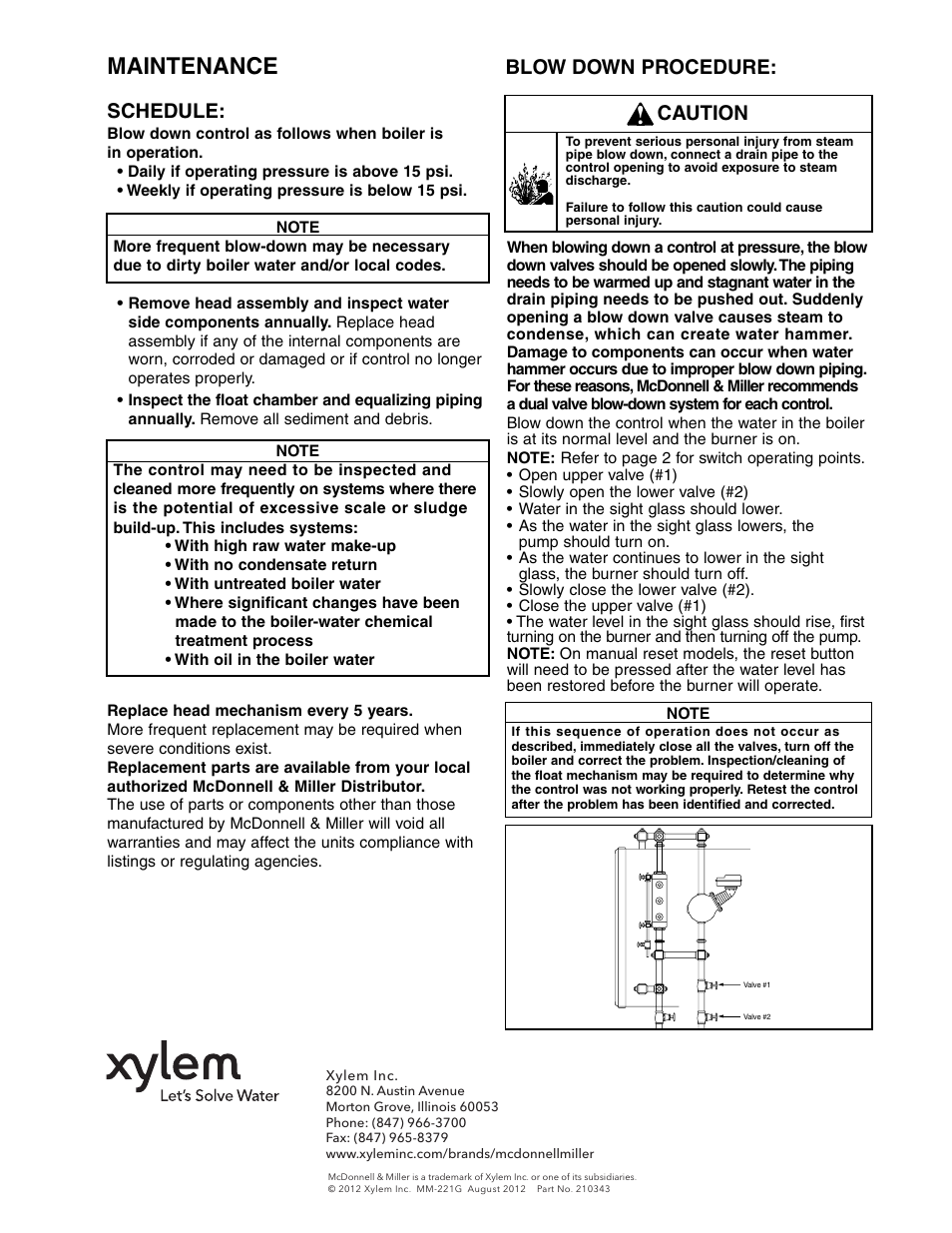 Maintenance, Schedule, Blow down procedure | Caution | Xylem MM 221G Models 157S RBP MD Low Water Cut-Offs/Pump Controllers User Manual | Page 8 / 8