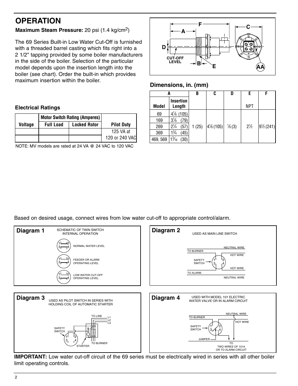 Operation, Diagram 1 diagram 2, Diagram 3 diagram 4 | Dimensions, in. (mm), Maximum steam pressure: 20 psi (1.4 kg/cm, Electrical ratings, Dc f b e | Xylem MM 226C Series 69 Low Water Cut-Offs For Steam Boilers User Manual | Page 2 / 8