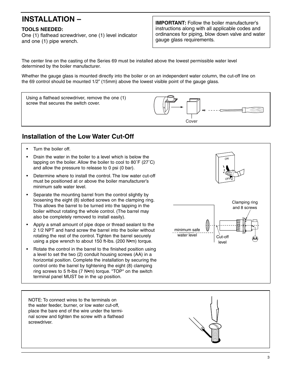 Installation, Installation of the low water cut-off | Xylem MM 226C Series 69 Low Water Cut-Offs For Steam Boilers User Manual | Page 3 / 8