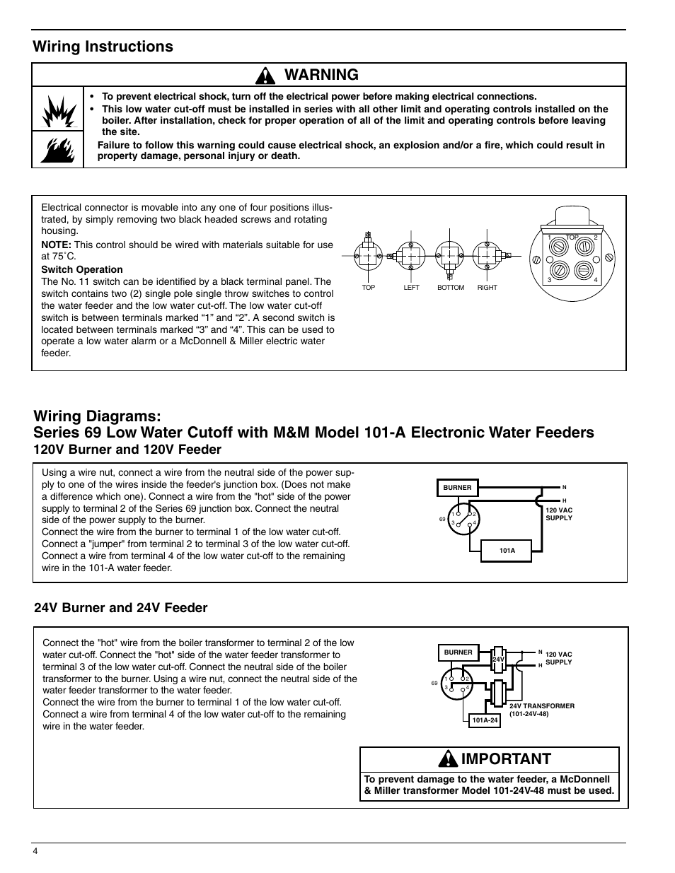 Wiring instructions, Warning, Important | 24v burner and 24v feeder | Xylem MM 226C Series 69 Low Water Cut-Offs For Steam Boilers User Manual | Page 4 / 8
