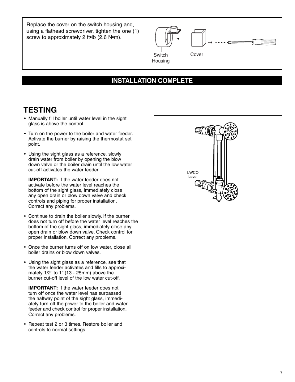 Testing, Installation complete | Xylem MM 226C Series 69 Low Water Cut-Offs For Steam Boilers User Manual | Page 7 / 8