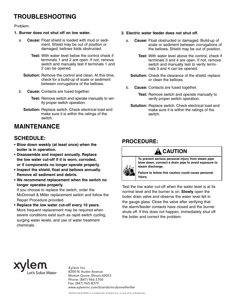 Troubleshooting, Maintenance, Schedule | Procedure, Caution | Xylem MM 226C Series 69 Low Water Cut-Offs For Steam Boilers User Manual | Page 8 / 8