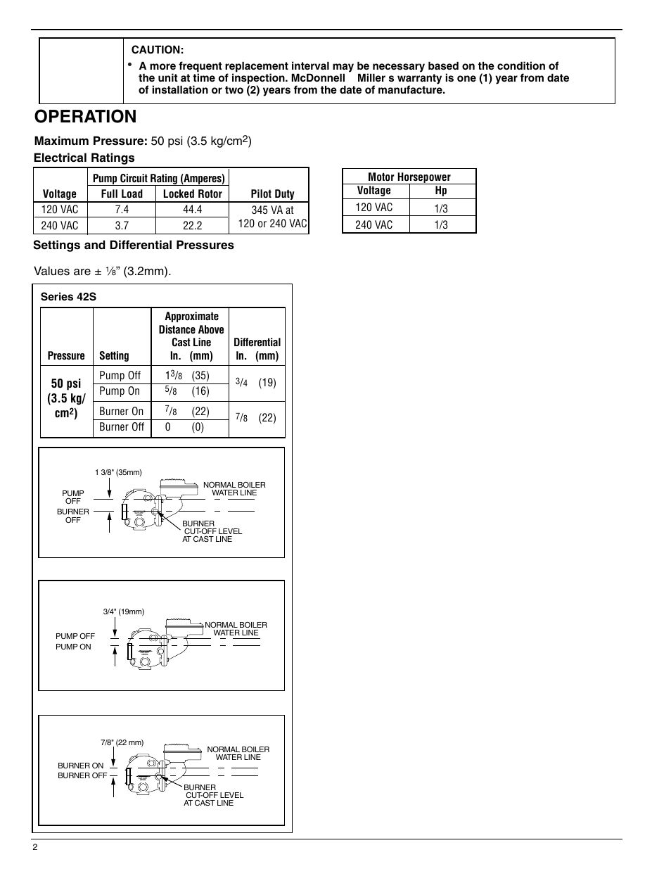 Operation, Maximum pressure: 50 psi (3.5 kg/cm, 50 psi (3.5 kg/ cm | Xylem MM 231F Series 42/42S Low Water Cut-Offs/Pump Controllers User Manual | Page 2 / 12