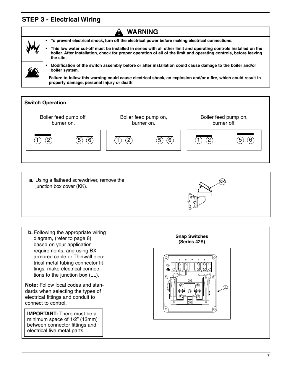 Step 3 - electrical wiring, Warning | Xylem MM 231F Series 42/42S Low Water Cut-Offs/Pump Controllers User Manual | Page 7 / 12