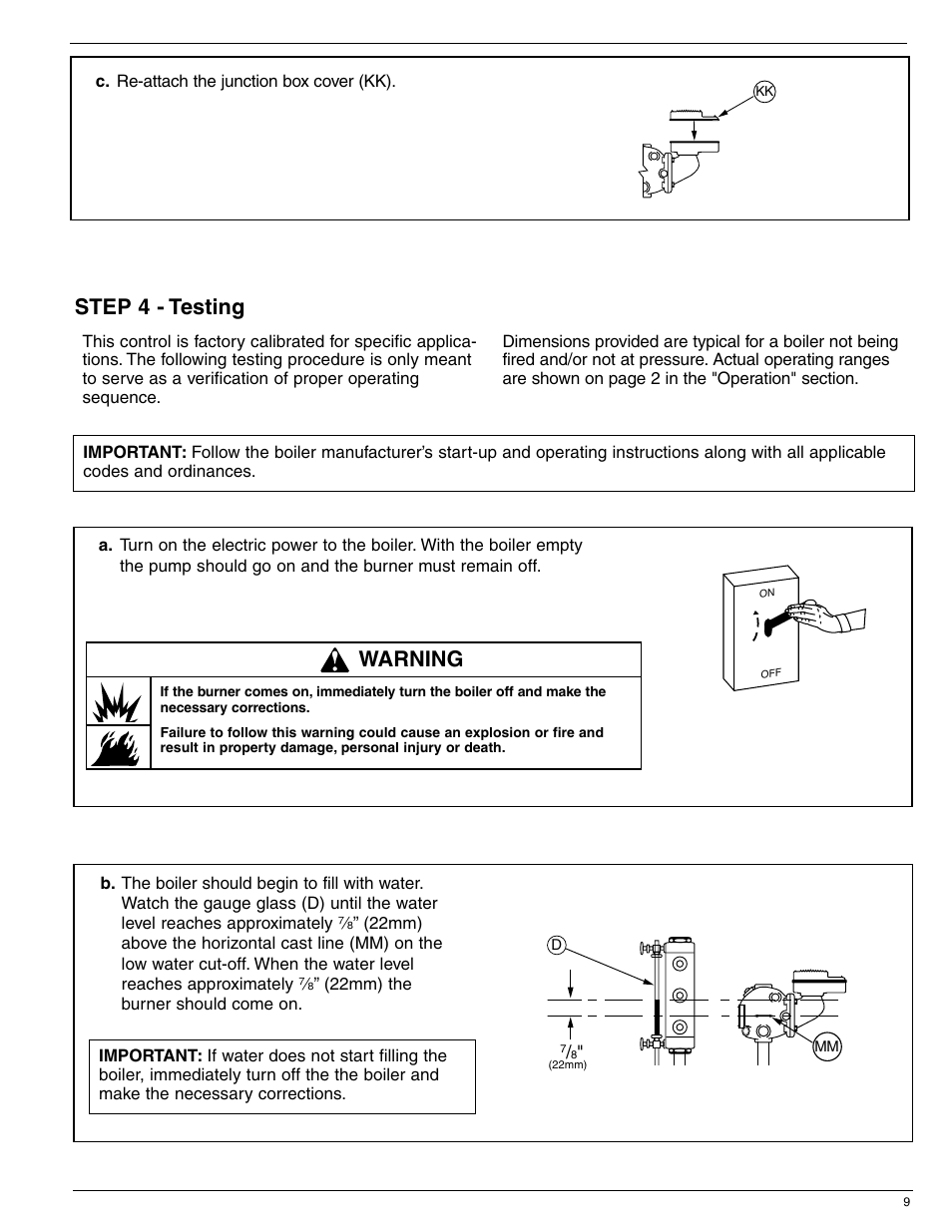 Step 4 - testing, Warning | Xylem MM 231F Series 42/42S Low Water Cut-Offs/Pump Controllers User Manual | Page 9 / 12
