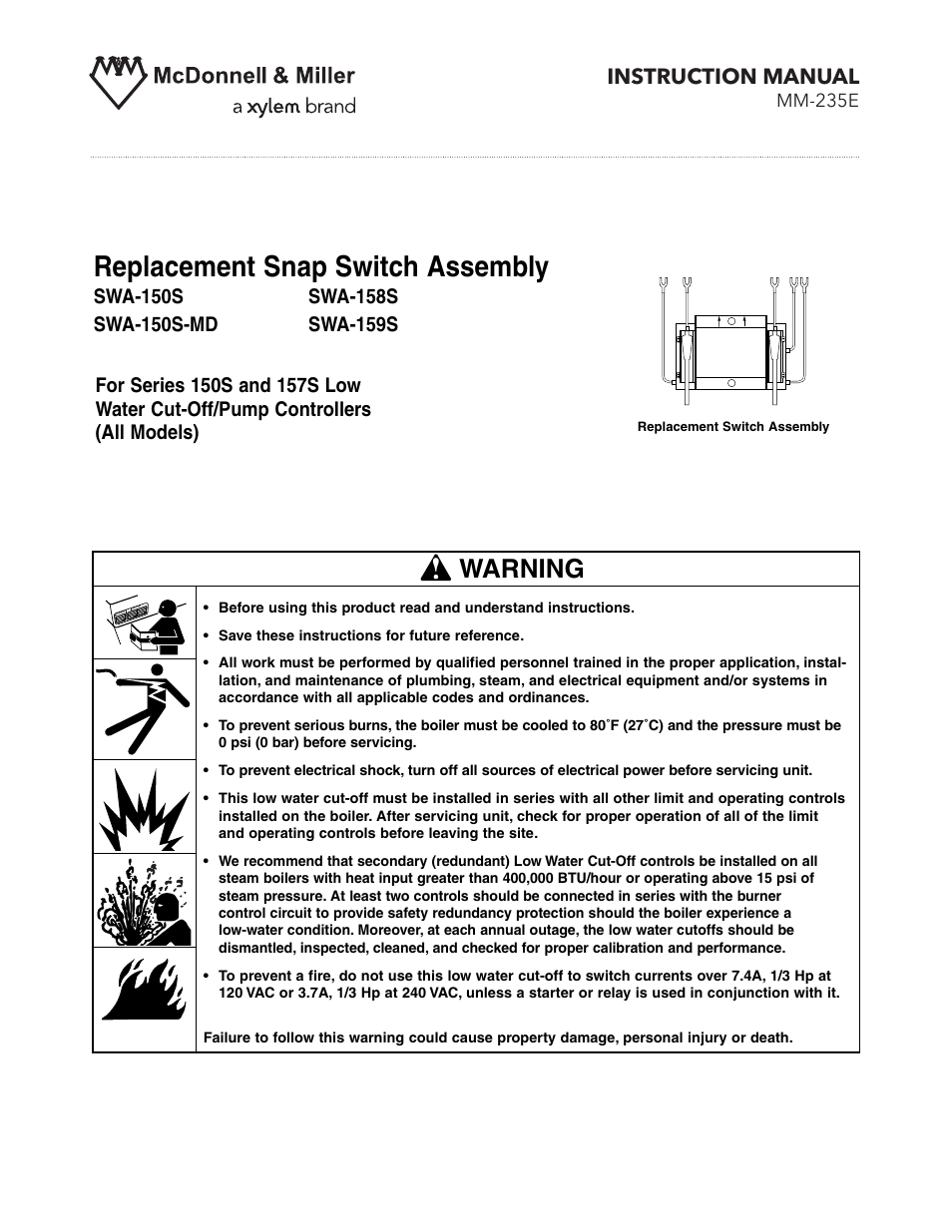 Xylem MM 235E Replacement Snap Switch Assembly SWA 150S 150S MD 158S 159S User Manual | 12 pages