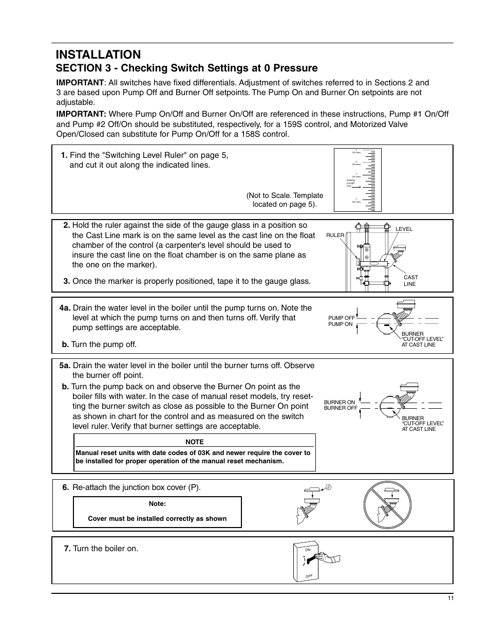 Installation, Re-attach the junction box cover (p) | Xylem MM 235E Replacement Snap Switch Assembly SWA 150S 150S MD 158S 159S User Manual | Page 11 / 12