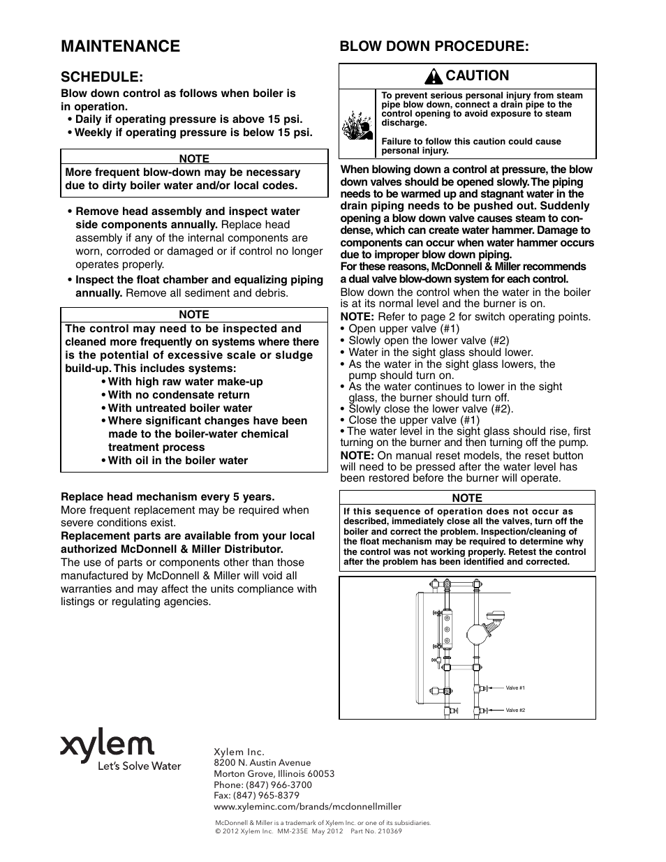 Maintenance, Schedule, Blow down procedure | Caution | Xylem MM 235E Replacement Snap Switch Assembly SWA 150S 150S MD 158S 159S User Manual | Page 12 / 12