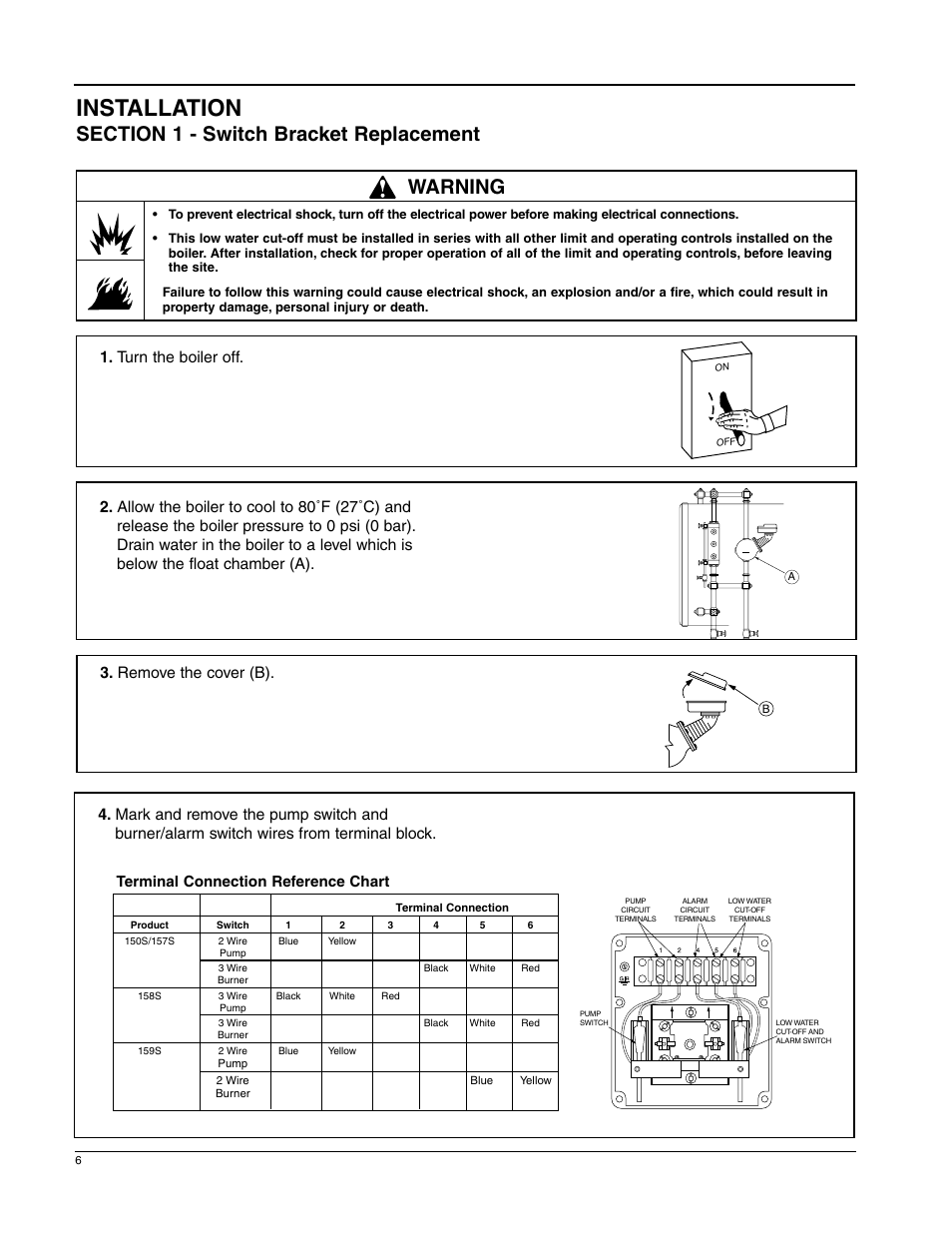 Installation, Warning, Terminal connection reference chart | Xylem MM 235E Replacement Snap Switch Assembly SWA 150S 150S MD 158S 159S User Manual | Page 6 / 12