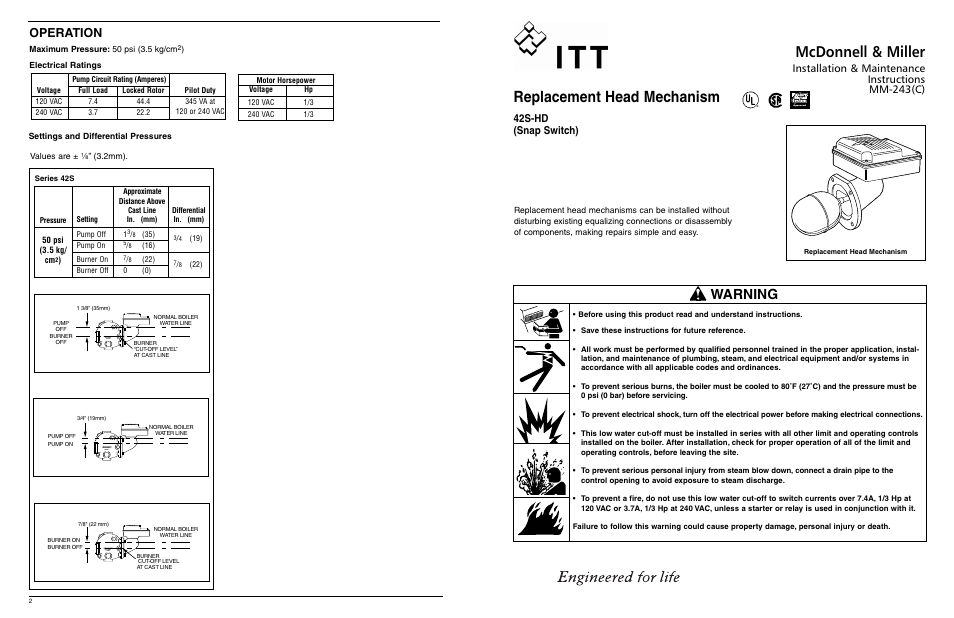 Replacement head mechanism, Mcdonnell & miller, Warning | Operation, 42s-hd (snap switch), Installation & maintenance instructions mm-243(c) | Xylem MM 243D Replacement Head Mechanism 42S HD User Manual | Page 2 / 8