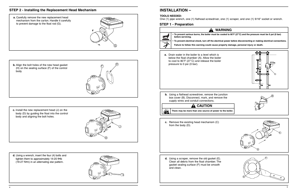 Installation, Step 2 - installing the replacement head mechanism, Step 1 - preparation | Warning, Caution | Xylem MM 243D Replacement Head Mechanism 42S HD User Manual | Page 4 / 8