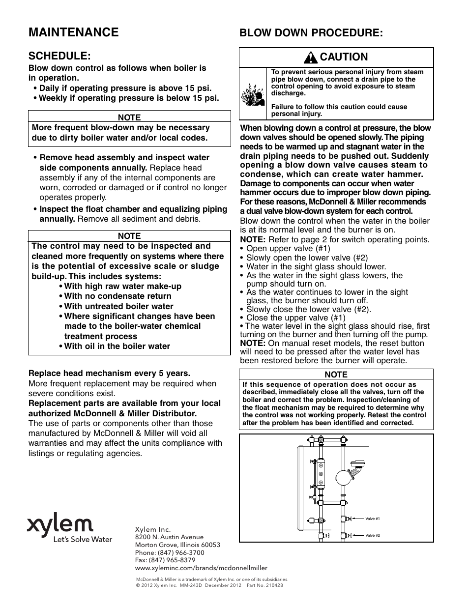Maintenance, Schedule, Blow down procedure | Caution, Step 4 - testing, Warning | Xylem MM 243D Replacement Head Mechanism 42S HD User Manual | Page 8 / 8