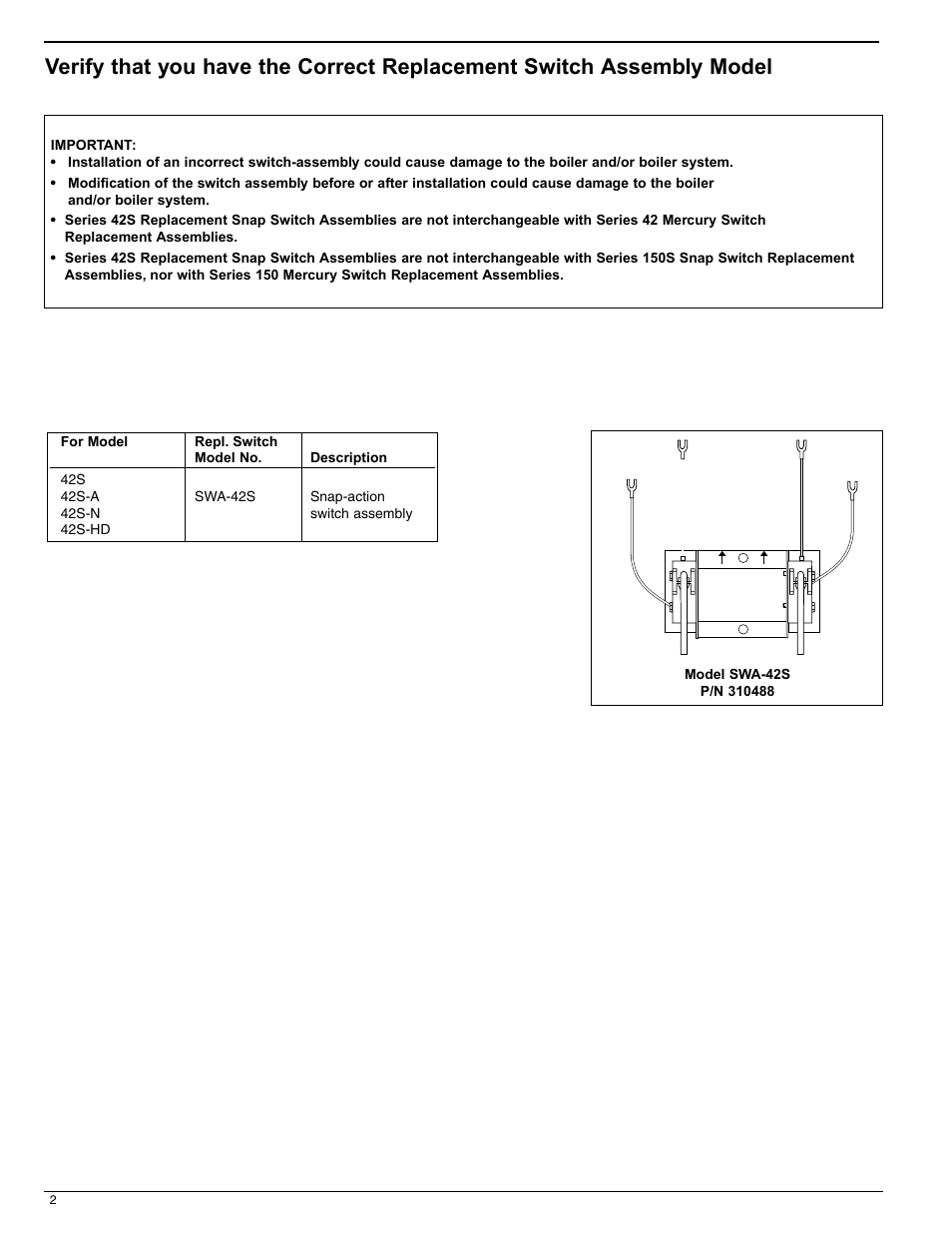Xylem MM 244B Series 42S Replacement Snap Switch Assembly User Manual | Page 2 / 12
