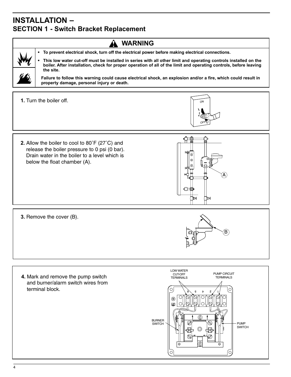 Installation, Warning | Xylem MM 244B Series 42S Replacement Snap Switch Assembly User Manual | Page 4 / 12