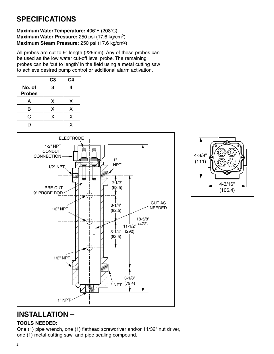 Specifications installation | Xylem MM 251C Series 750B-C3 Chamber with 3 Probes Series 750B-C4 Chamber with 4 Probes User Manual | Page 2 / 4