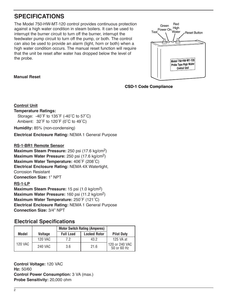 Specifications, Electrical specifications | Xylem MM 273E Model 750-HW-MT-120 Probe Type High Water Manual Reset Control Unit User Manual | Page 2 / 8