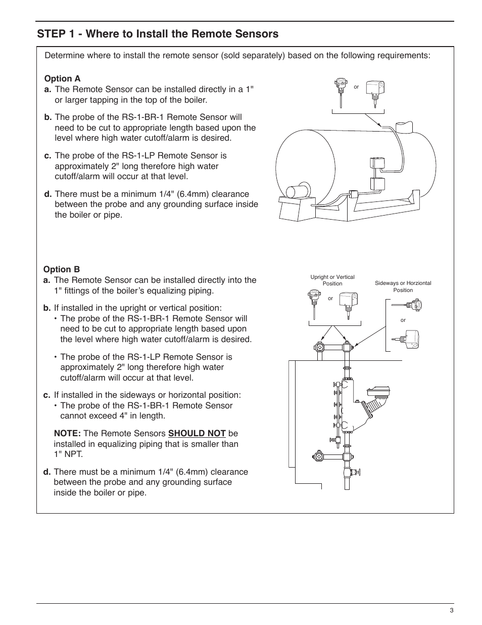 Step 1 - where to install the remote sensors | Xylem MM 273E Model 750-HW-MT-120 Probe Type High Water Manual Reset Control Unit User Manual | Page 3 / 8