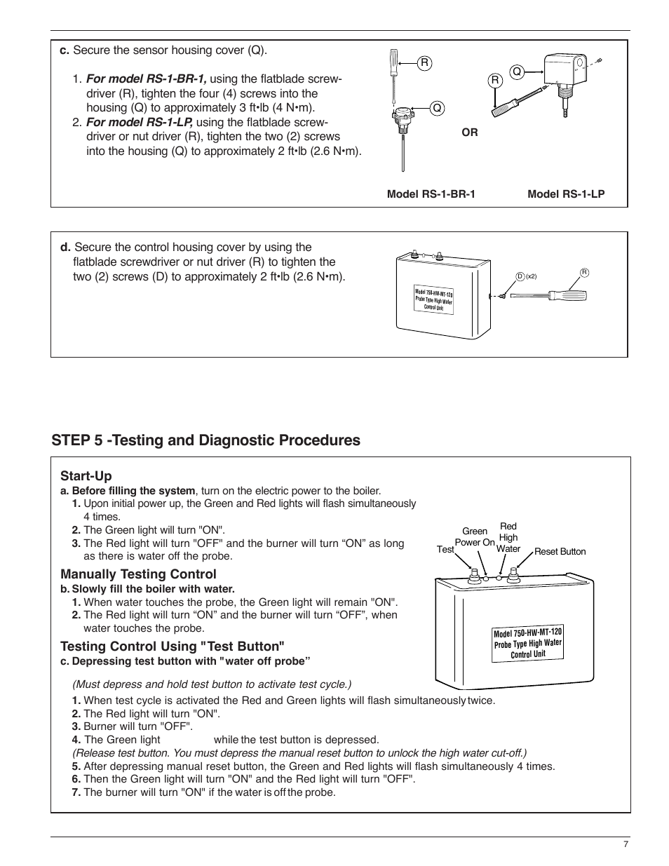 Step 5 -testing and diagnostic procedures, Start-up, Manually testing control | Testing control using "test button | Xylem MM 273E Model 750-HW-MT-120 Probe Type High Water Manual Reset Control Unit User Manual | Page 7 / 8