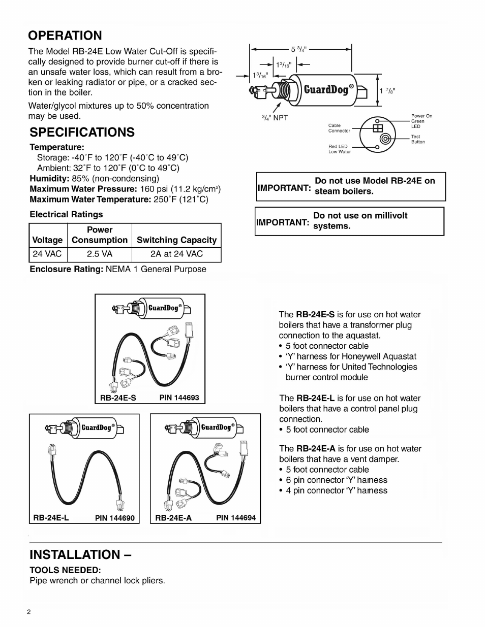 Xylem MM 277G Model RB-24E-S , Model RB-24E-A , Model RB-24E-L , Conductance Type LowWater Cut-Off User Manual | Page 2 / 8