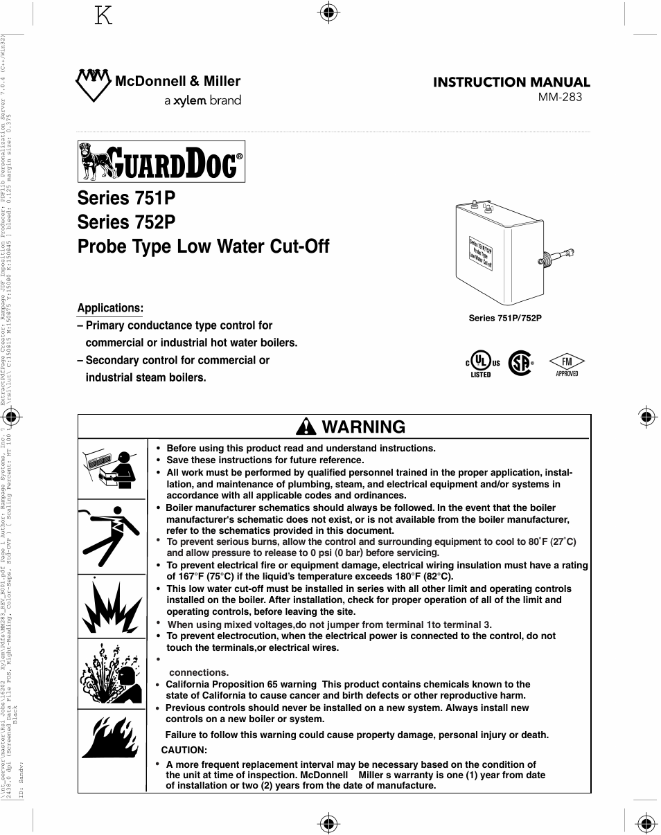 Xylem MM 283D Guard Dog Series 751P and Series 752P Probe Type Low Water Cut-Off User Manual | 8 pages