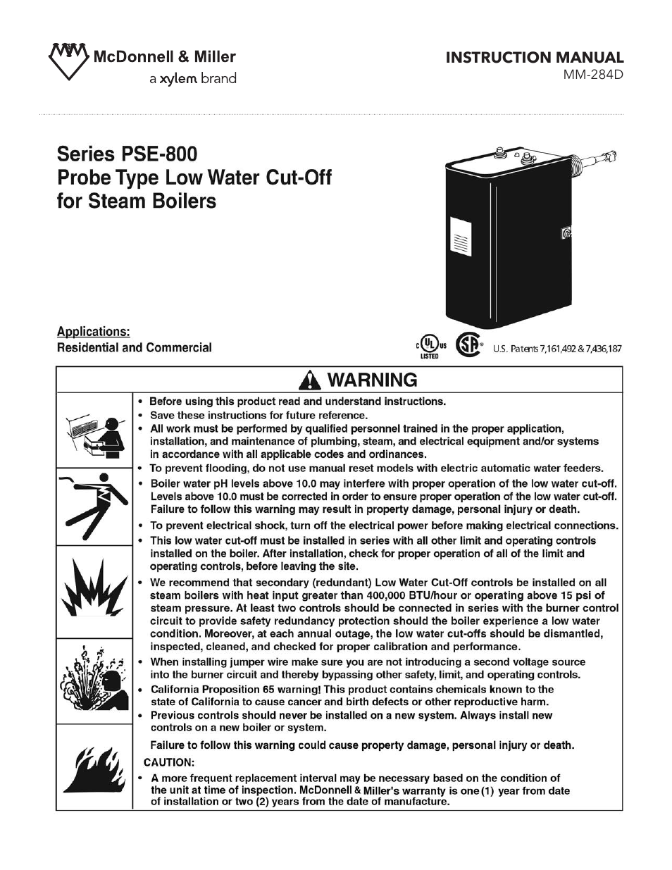 Xylem MM 284D Series PSE-800 Probe Type Low Water Cut-Off for Steam Boilers User Manual | 8 pages