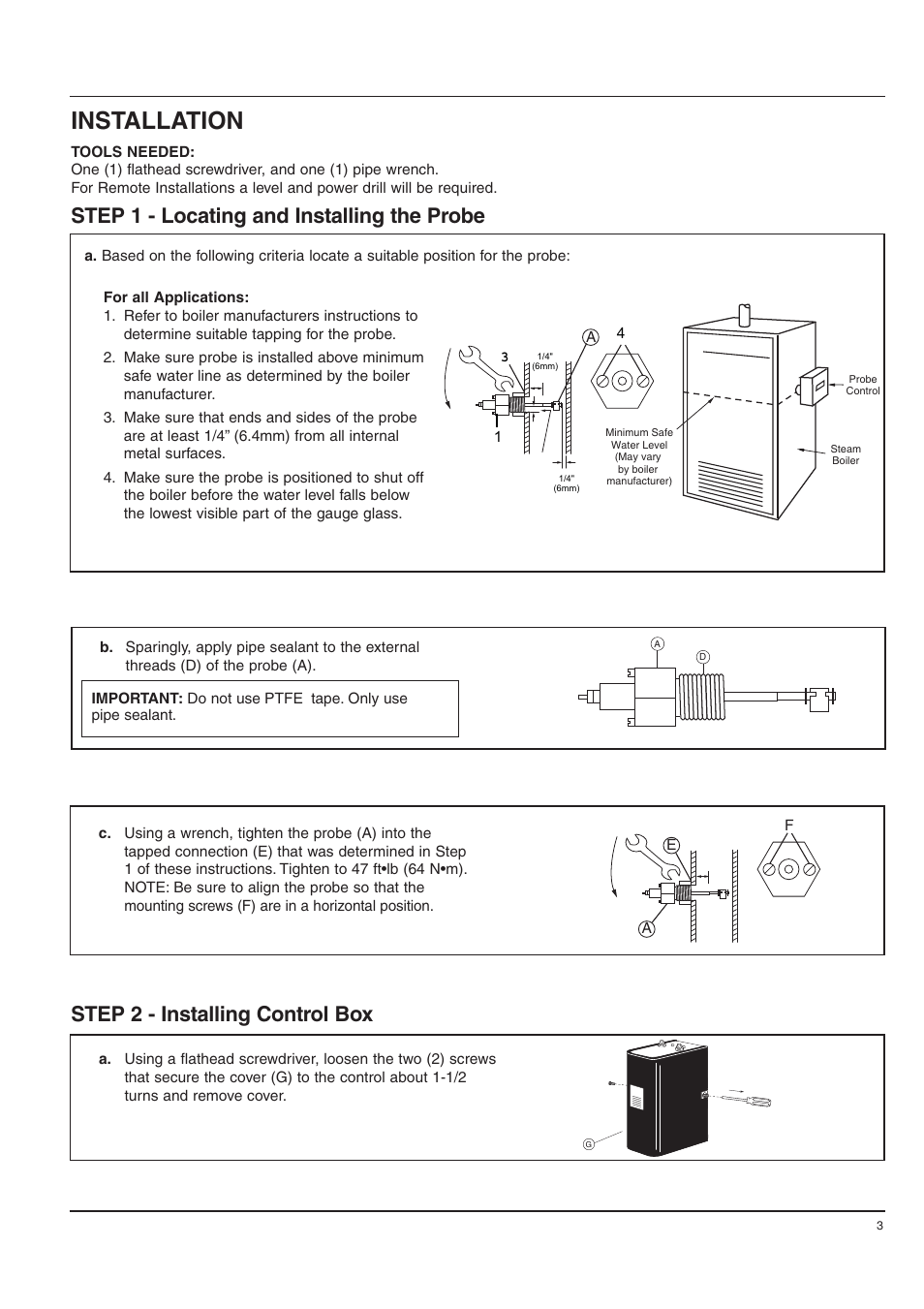 Installation, Step 1 - locating and installing the probe, Step 2 - installing control box | Xylem MM 284D Series PSE-800 Probe Type Low Water Cut-Off for Steam Boilers User Manual | Page 3 / 8