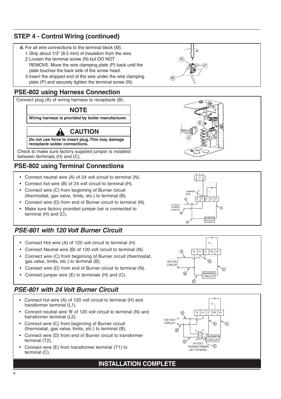 Step 4 - control wiring (continued), Installation complete, Caution | Xylem MM 284D Series PSE-800 Probe Type Low Water Cut-Off for Steam Boilers User Manual | Page 6 / 8