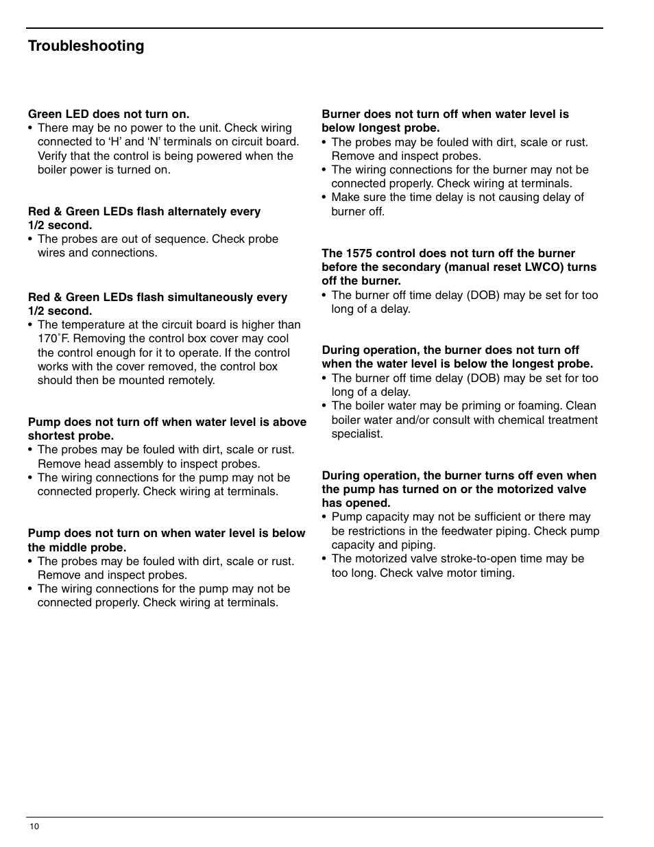 Troubleshooting | Xylem MM 286B Series 1575 – Low Water Cut-Off/Pump Controller User Manual | Page 10 / 12