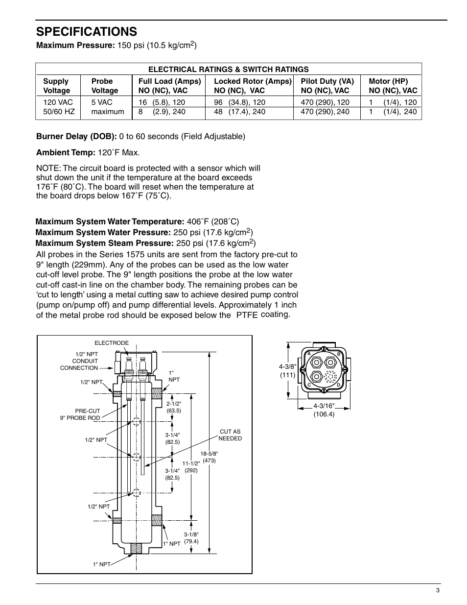 Specifications | Xylem MM 286B Series 1575 – Low Water Cut-Off/Pump Controller User Manual | Page 3 / 12