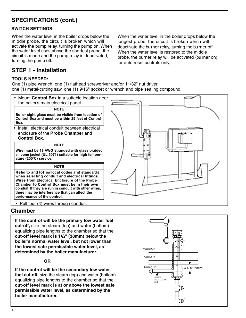 Chamber step 1 - installation, Specifications (cont.) | Xylem MM 286B Series 1575 – Low Water Cut-Off/Pump Controller User Manual | Page 4 / 12