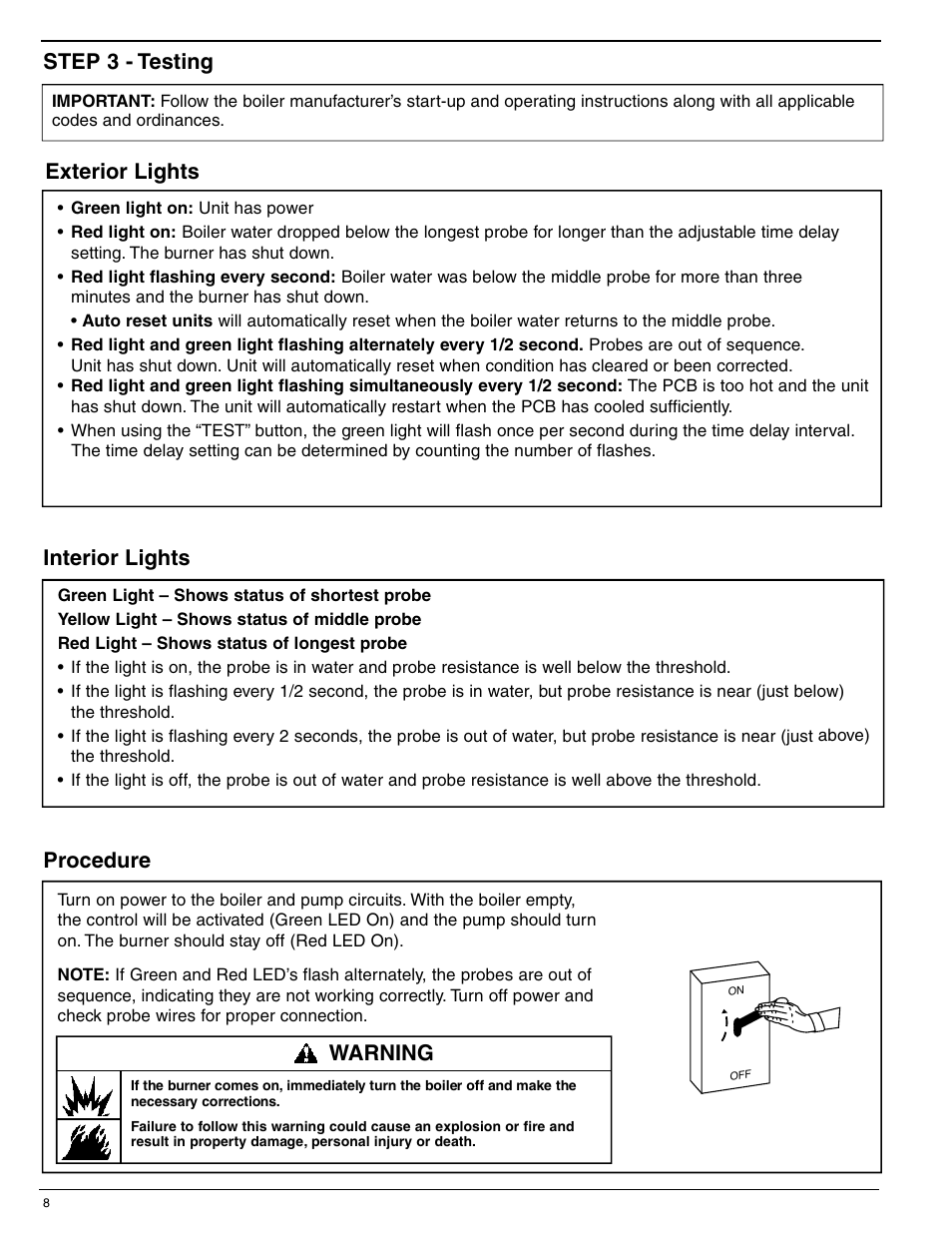 Step 3 - testing procedure, Warning exterior lights interior lights | Xylem MM 286B Series 1575 – Low Water Cut-Off/Pump Controller User Manual | Page 8 / 12