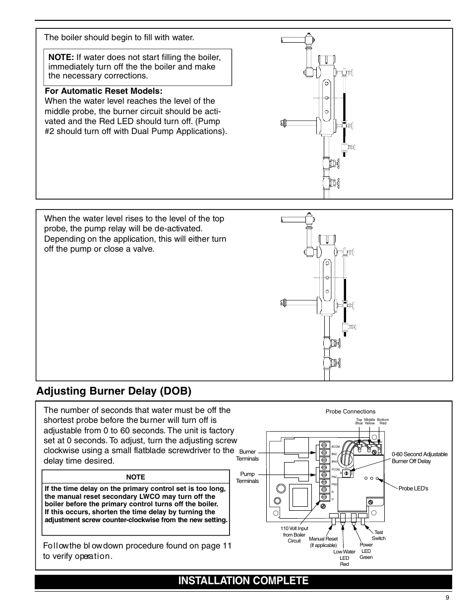 Adjusting burner delay (dob), I n s ta l l ation complete | Xylem MM 286B Series 1575 – Low Water Cut-Off/Pump Controller User Manual | Page 9 / 12