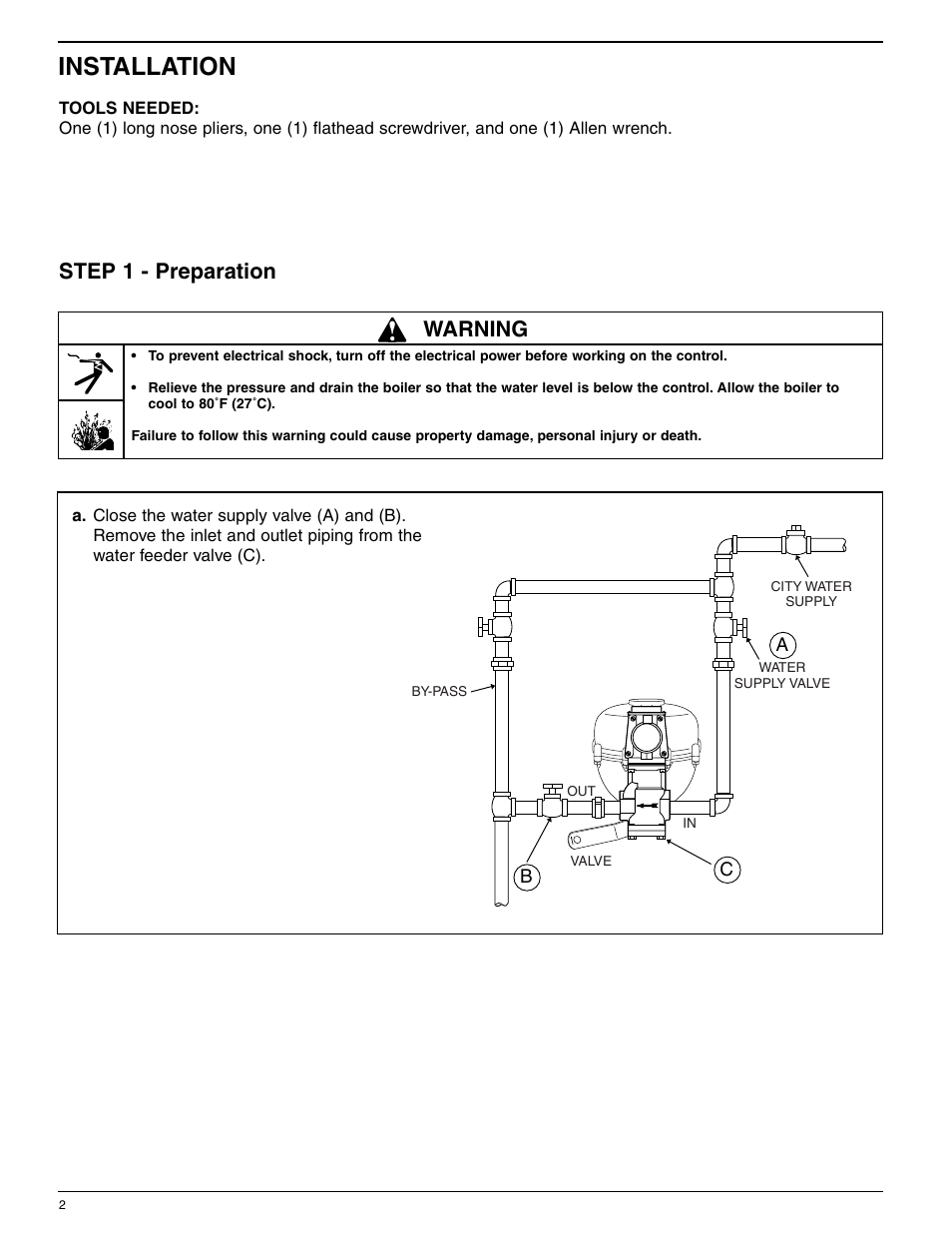 Installation, Warning, Step 1 - preparation | Xylem MM 305G Valve, Cartridge and Strainer Replacement Kit SA-47-101-102, SA51-101-102 User Manual | Page 2 / 4