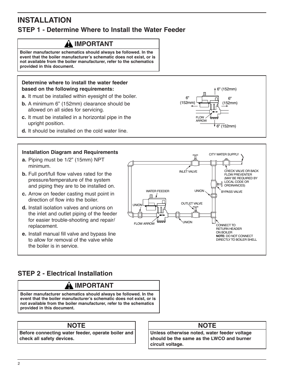 Installation, Important | Xylem MM 307H Series 101-A Electric Water Feeder User Manual | Page 2 / 8