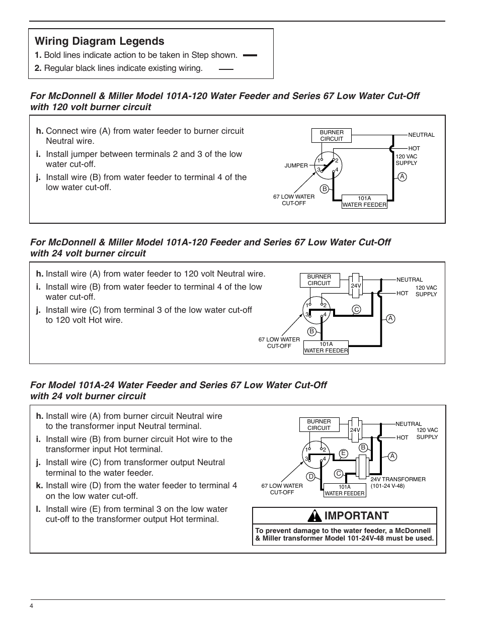 Wiring diagram legends, Important | Xylem MM 307H Series 101-A Electric Water Feeder User Manual | Page 4 / 8