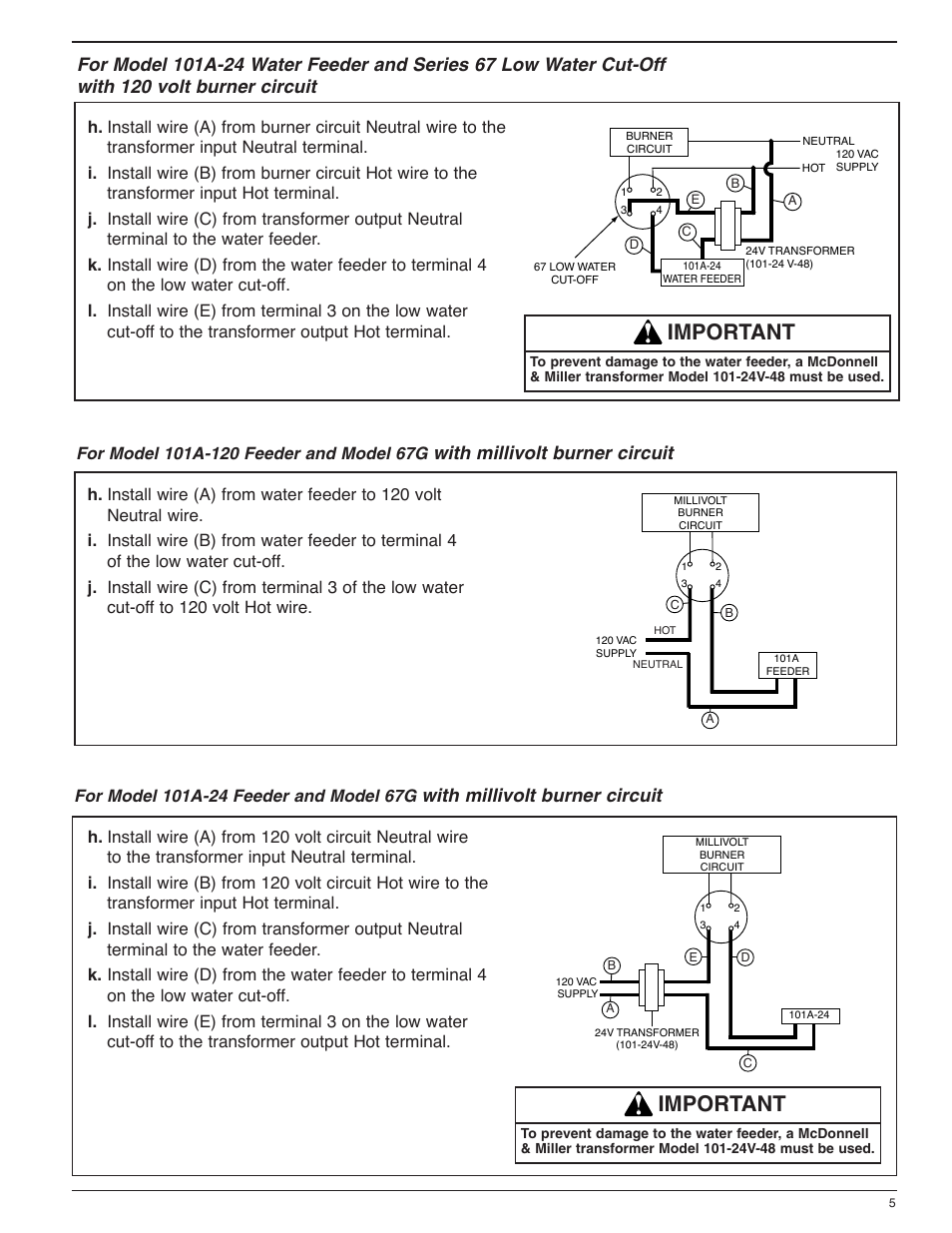 Important, With millivolt burner circuit | Xylem MM 307H Series 101-A Electric Water Feeder User Manual | Page 5 / 8