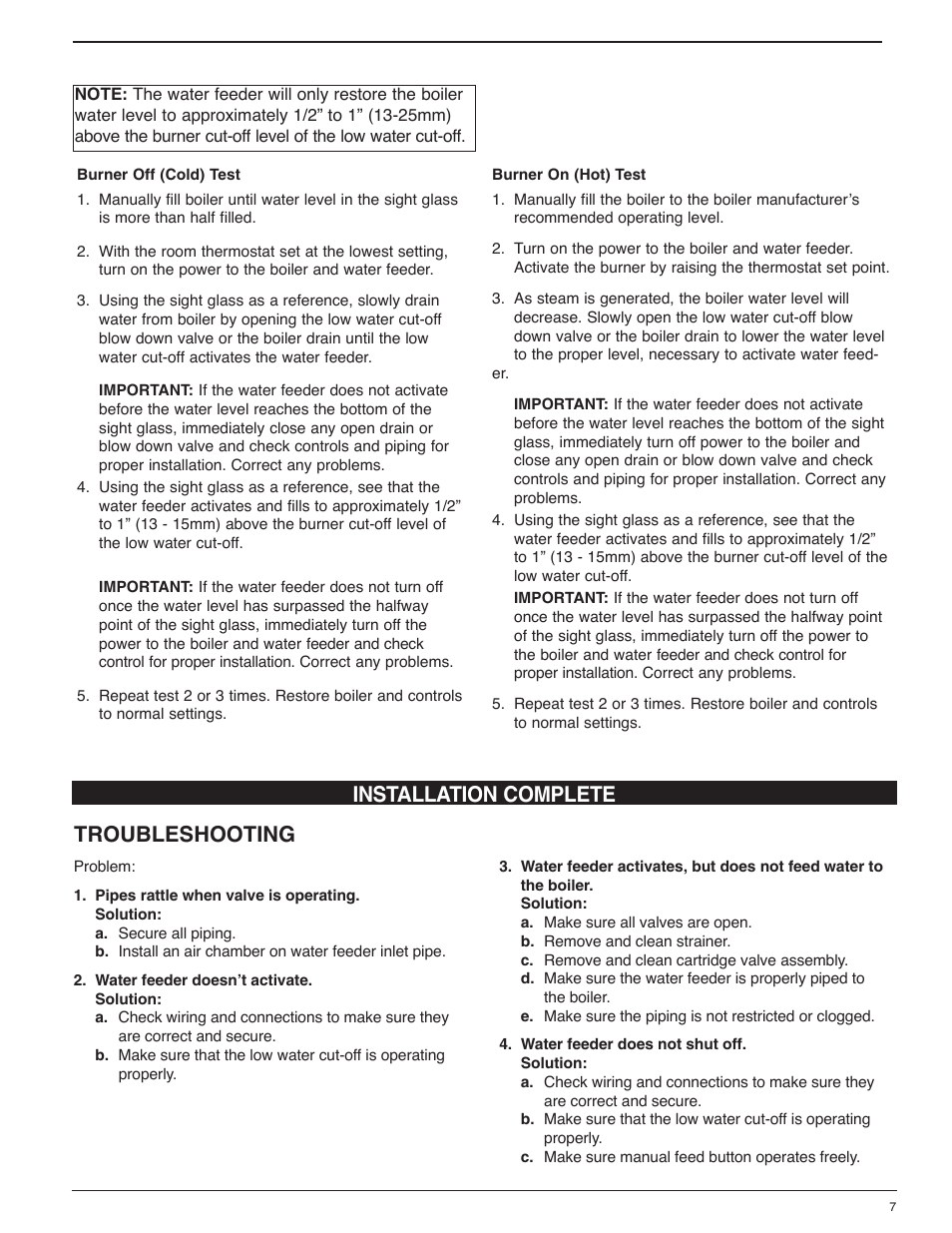 Installation complete troubleshooting | Xylem MM 307H Series 101-A Electric Water Feeder User Manual | Page 7 / 8