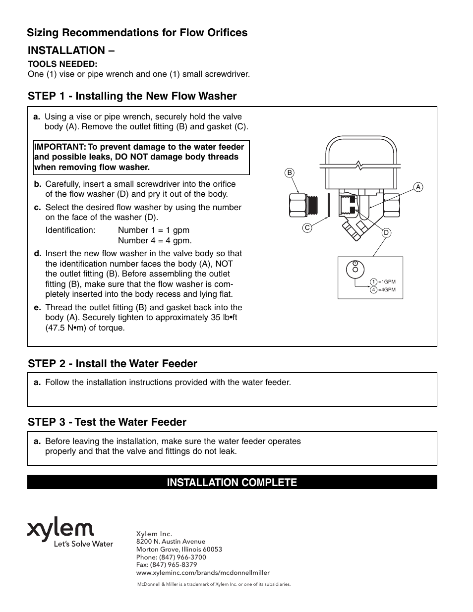 Sizing recommendations for flow orifices, Installation, Installation complete | Xylem MM 308D Changing Flow Rate of Series WF-U Uni-Match Electric Water Feeder User Manual | Page 2 / 2