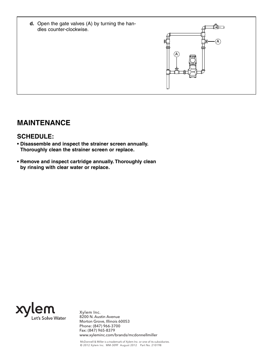 Maintenance, Schedule | Xylem MM 309F Replacement Cartridge and Strainer Kit Water Feeders with Hex Port Valves User Manual | Page 4 / 4