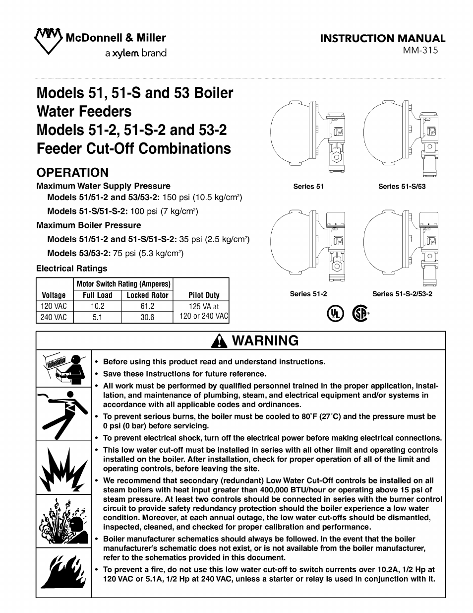 Xylem MM 315E Models 51, 51S and 53 Boiler Water Feeders Models 51-2, 51-S-2 and 53-2 Feeder Cut-Off Combinations User Manual | 8 pages